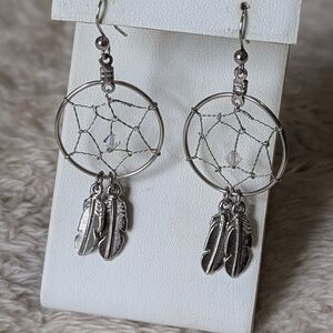 Vintage 90's Silvertone Dreamcatcher Earrings With Feather Accents
